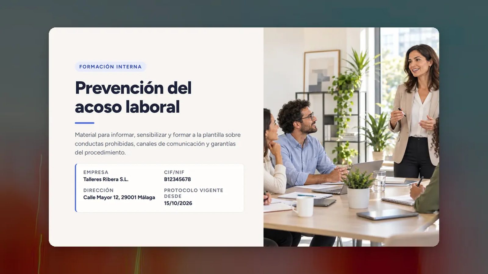 Formación sobre prevención del acoso laboral generada con Kloc