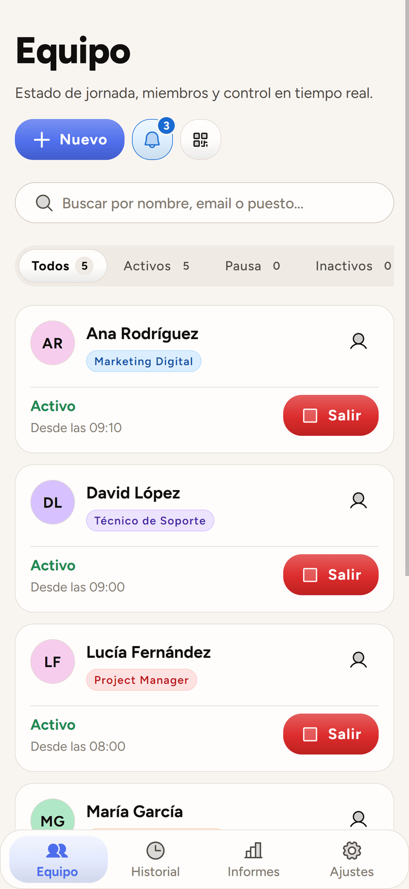 Pantalla de gestión de equipo en Kloc