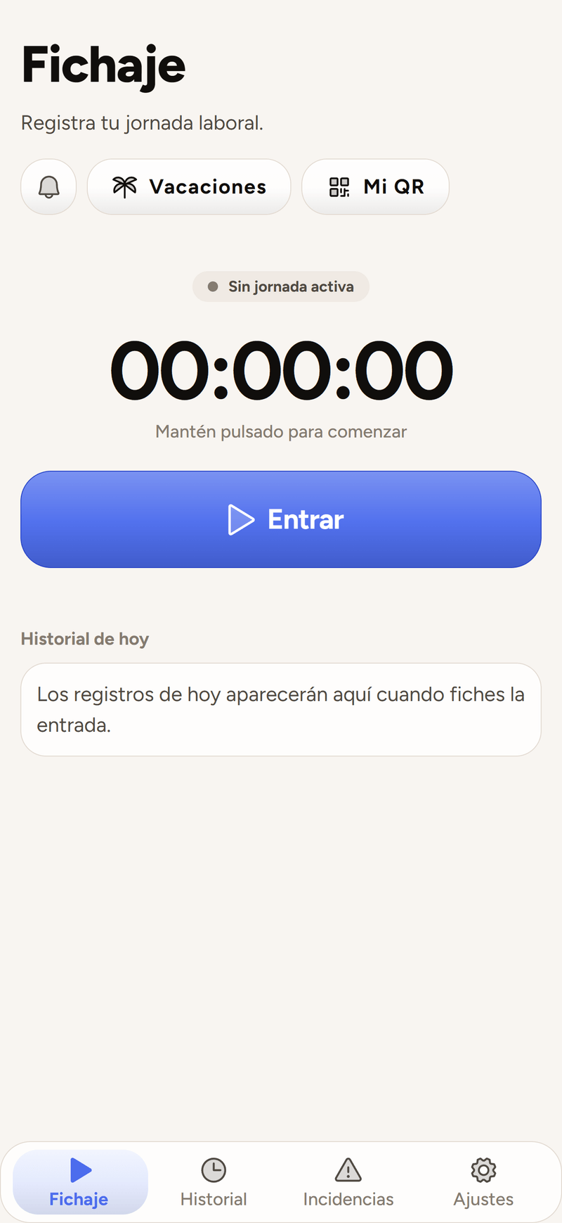 Pantalla de fichaje y registro de jornada en Kloc