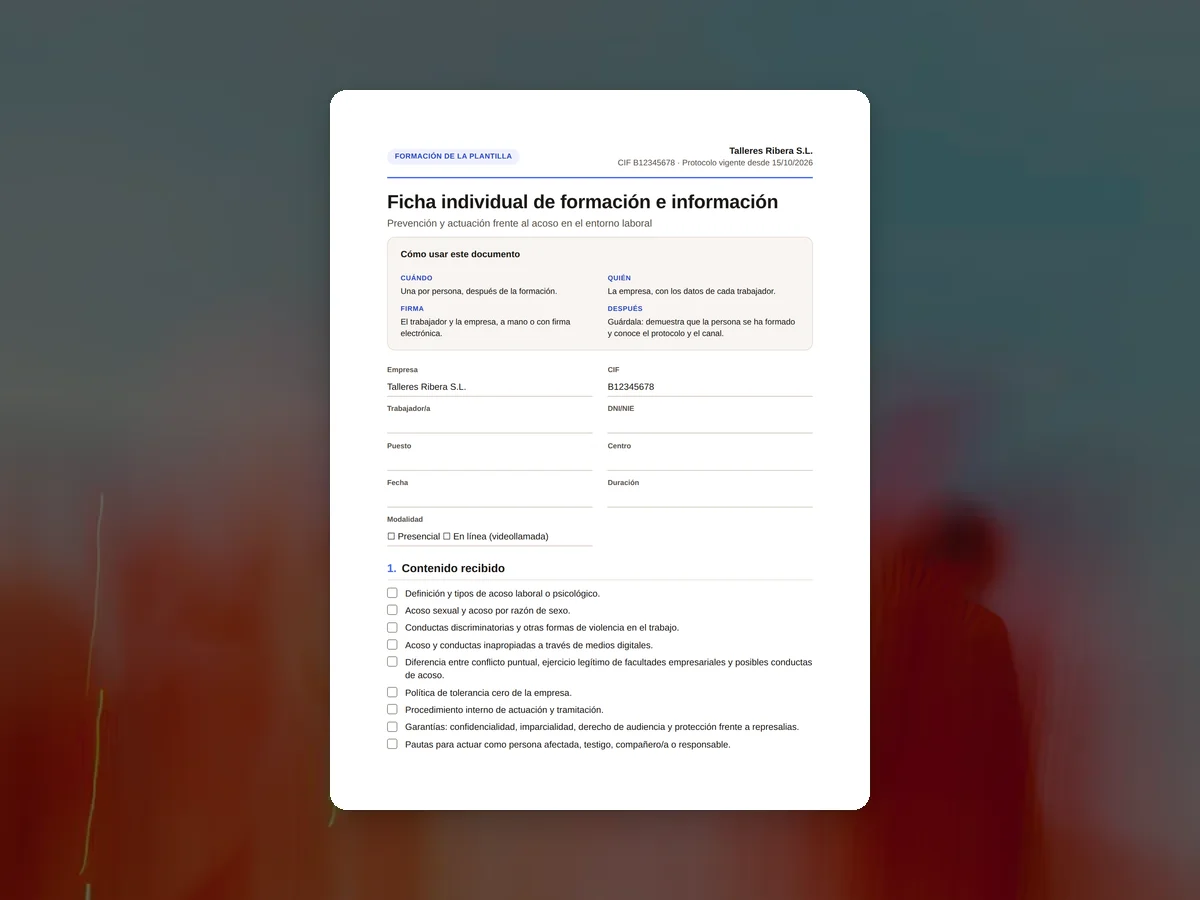Ficha individual de formación e información sobre el protocolo de acoso