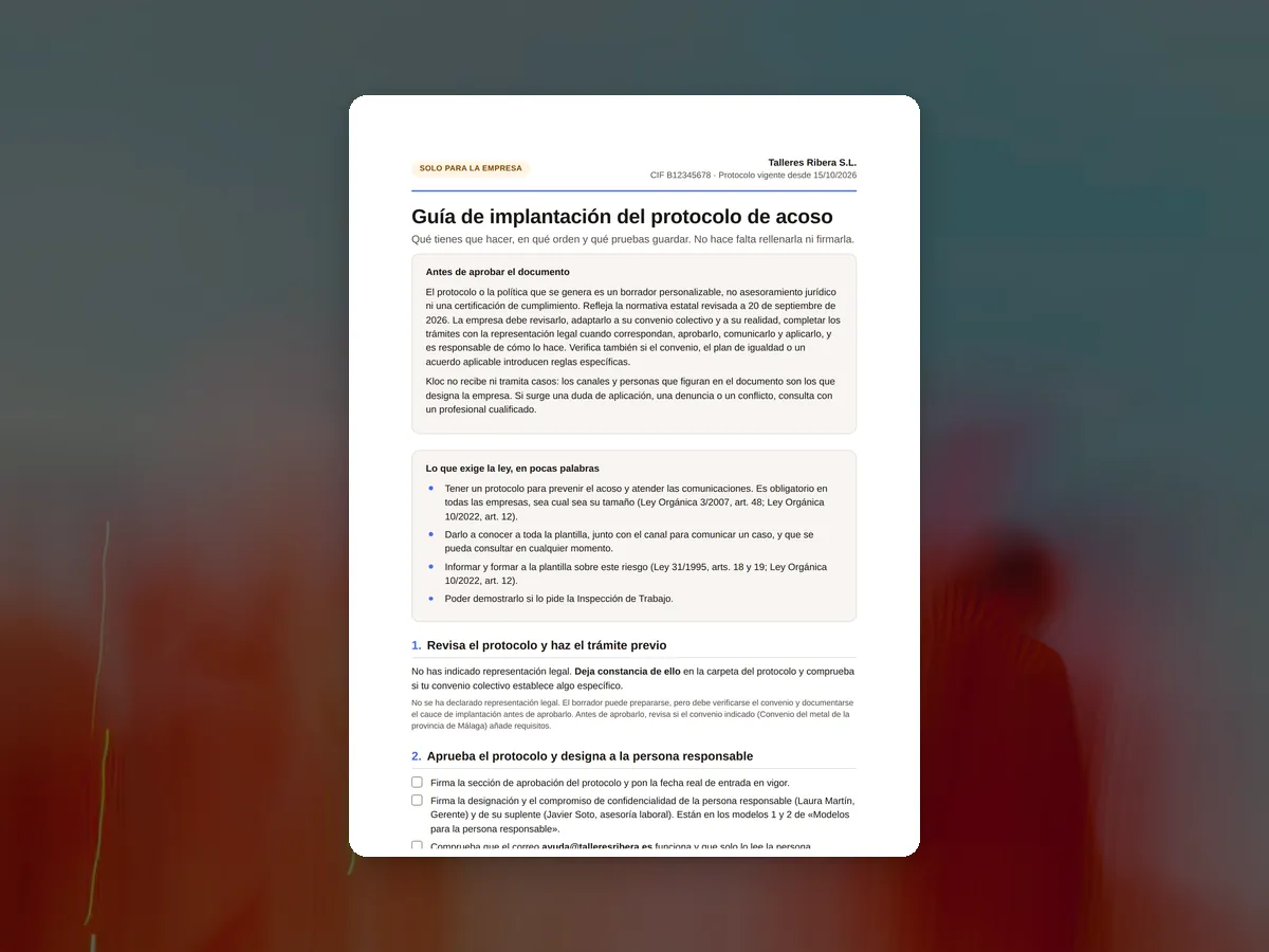 Primera página de la guía de implantación del protocolo de acoso