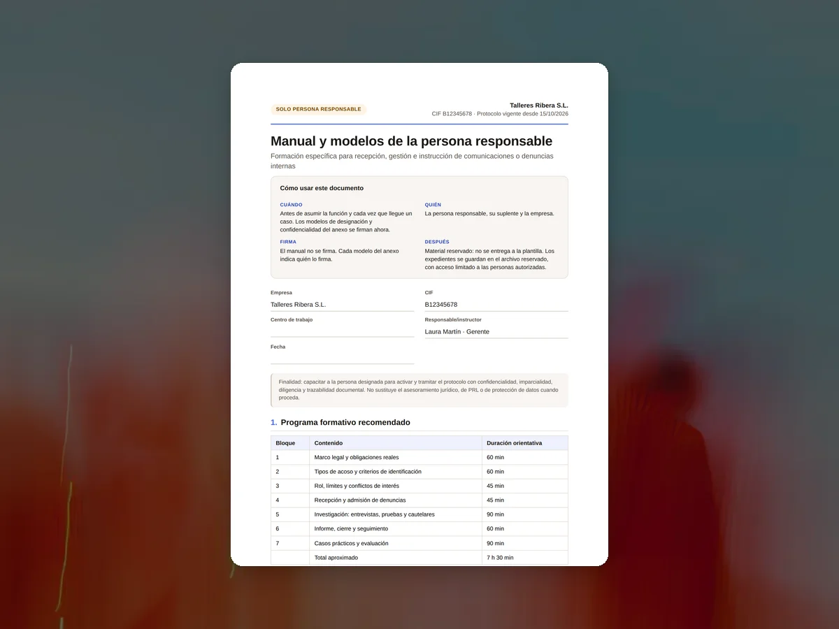 Primera página del manual de la persona responsable del protocolo de acoso