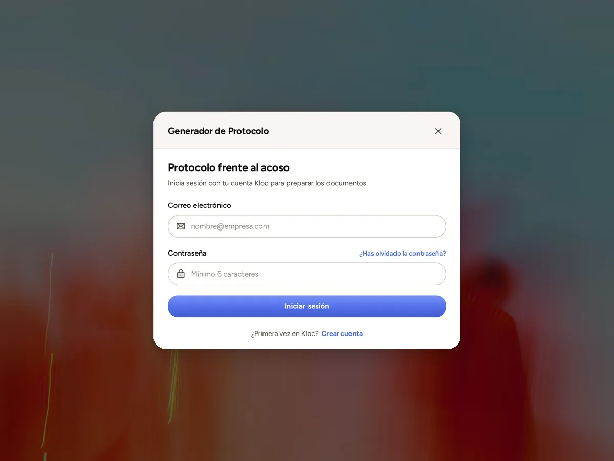 Pantalla de inicio de sesión del generador del protocolo frente al acoso