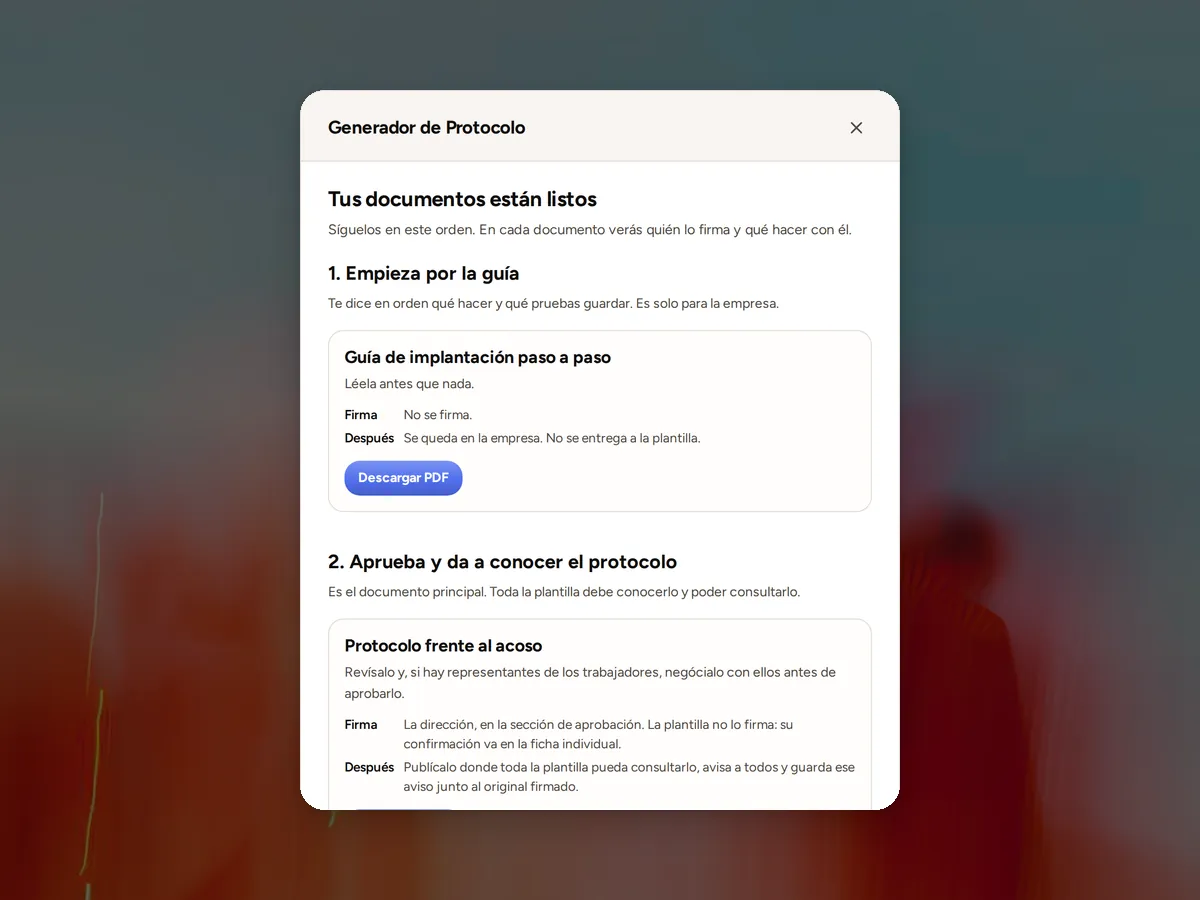 Pantalla con los documentos del protocolo de acoso listos para descargar