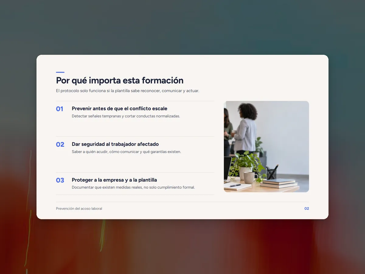 Diapositiva «Por qué importa esta formación» de la formación sobre acoso