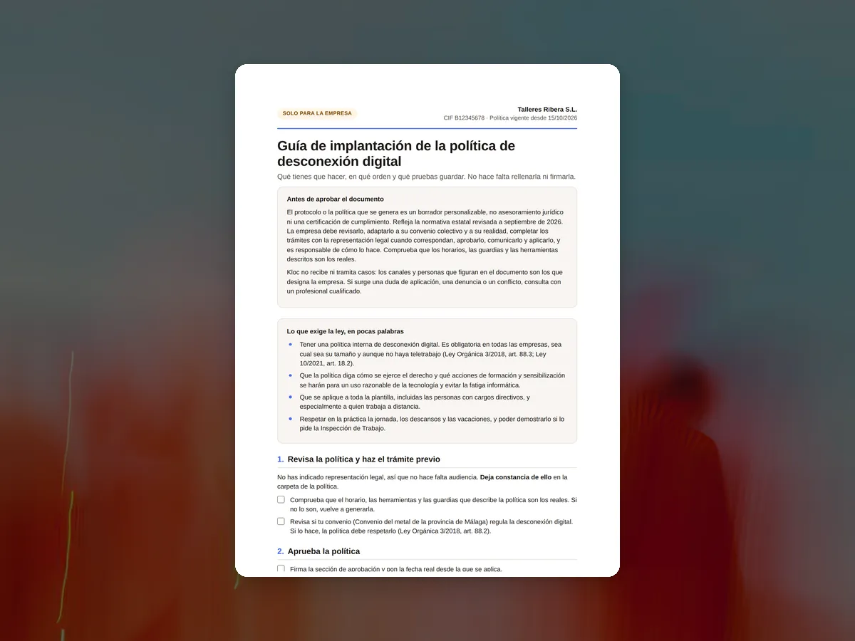 Primera página de la guía de implantación de la política de desconexión digital
