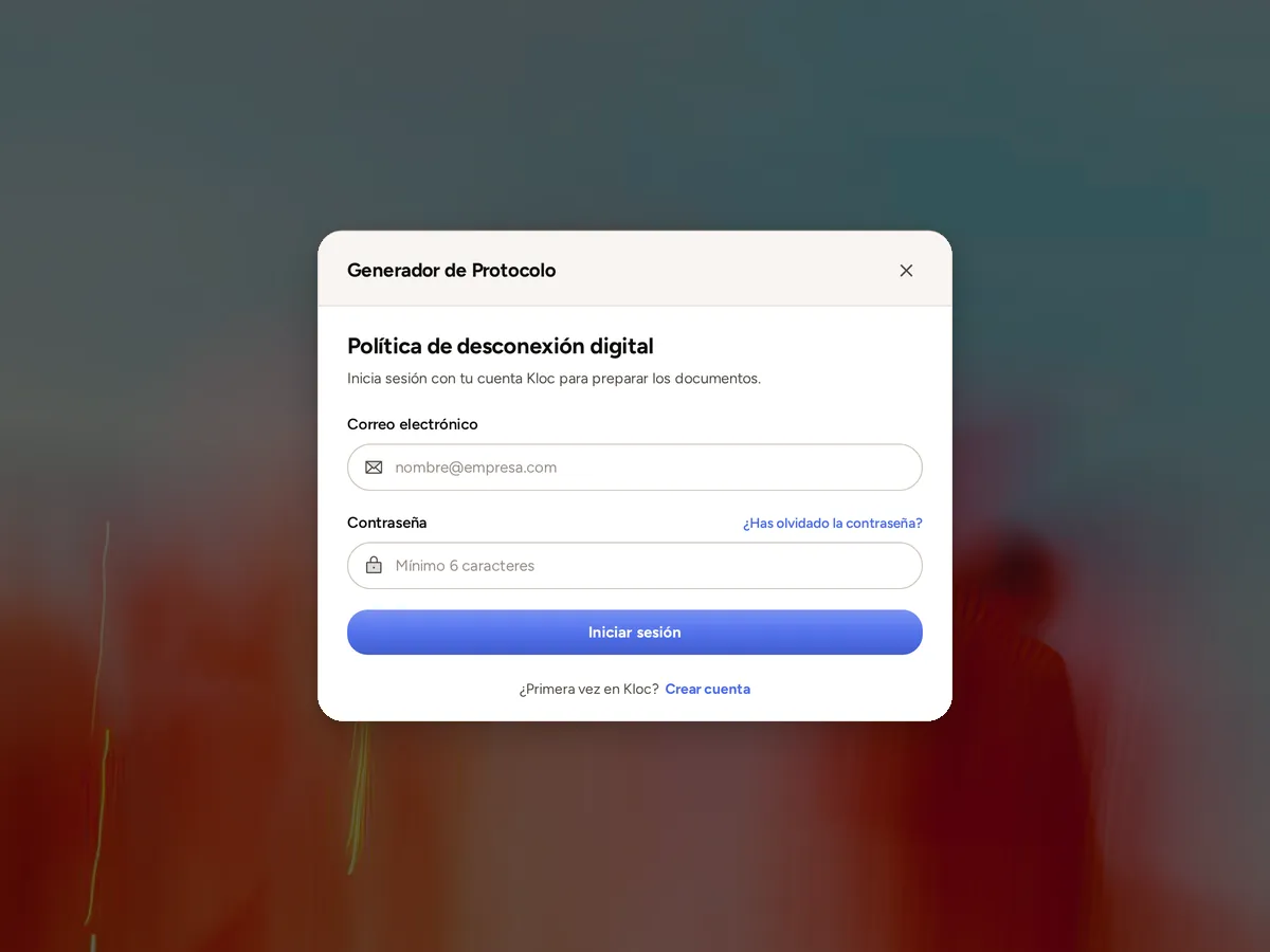 Pantalla de inicio de sesión del generador de la política de desconexión digital