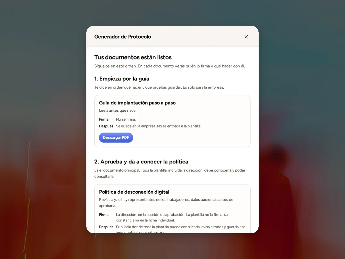 Pantalla con los documentos de desconexión digital listos para descargar