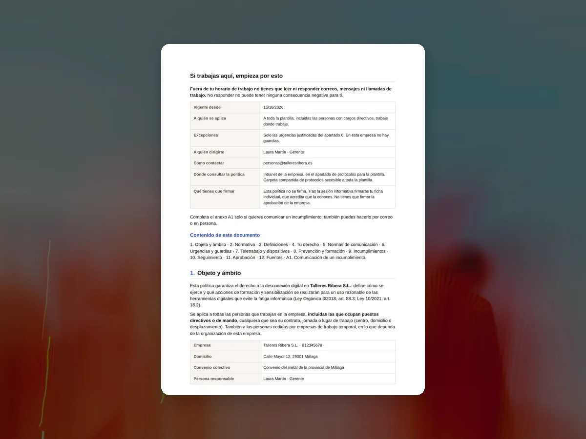 Página de una política de desconexión digital generada con Kloc